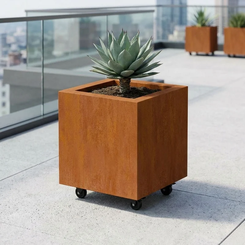 Jardinière en acier corten carrée avec roulettes 40x40x40 cm
