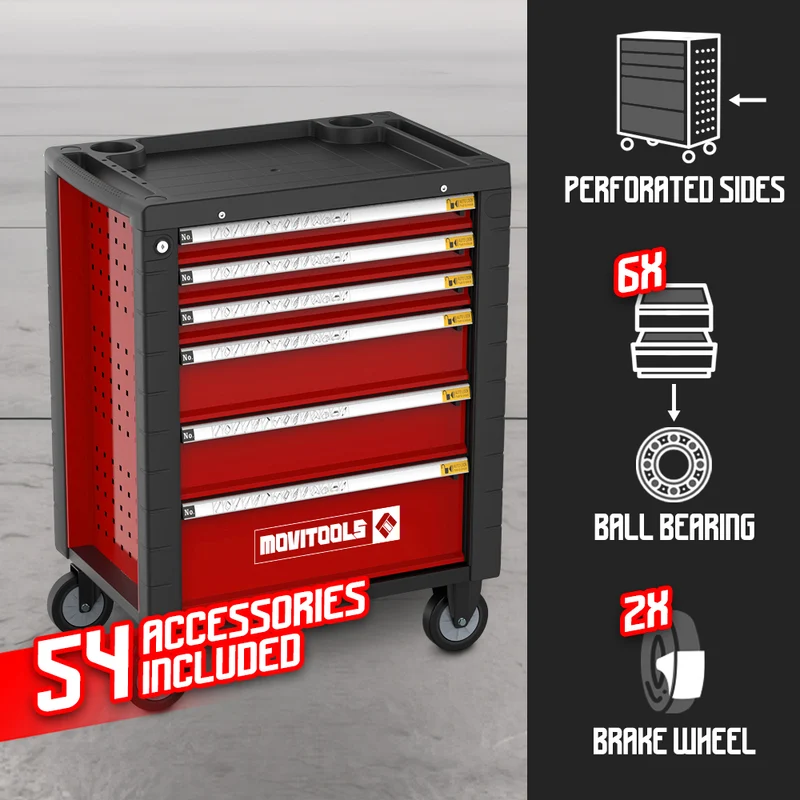 Servante d’atelier avec outils – 6 tiroirs à roulement + 54 accessoires – anrirouille – charge max 240 kg