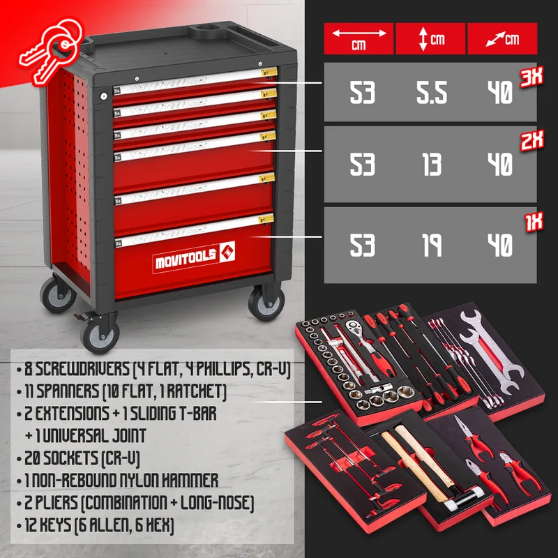 Servante d’atelier avec outils – 6 tiroirs à roulement + 54 accessoires – anrirouille – charge max 240 kg