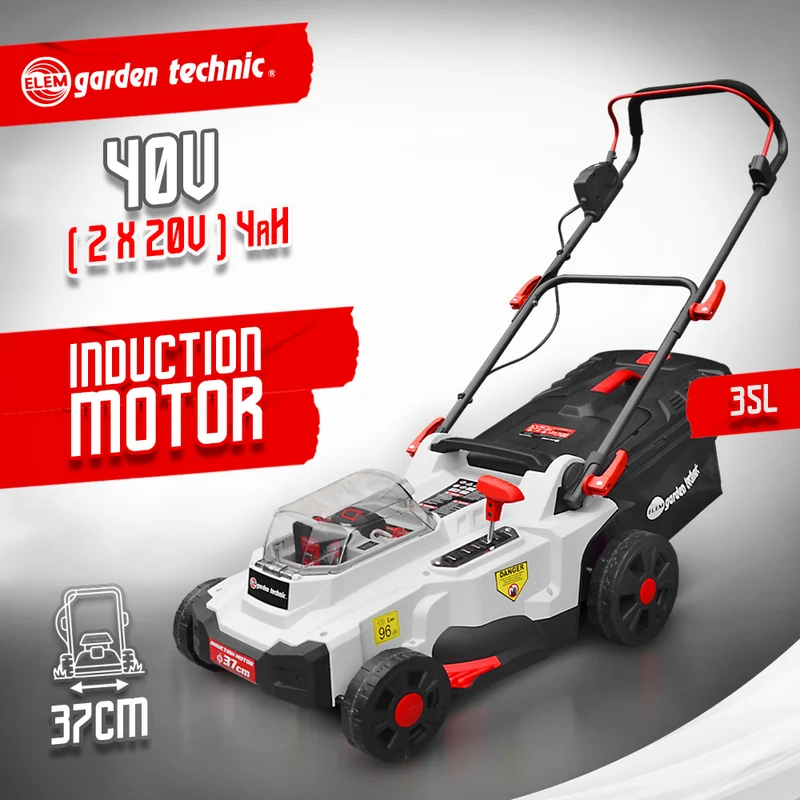 Tondeuse à gazon sans fil 40V avec 2 batteries 4Ah, 37 cm, mulching, moteur induction, bac 35L