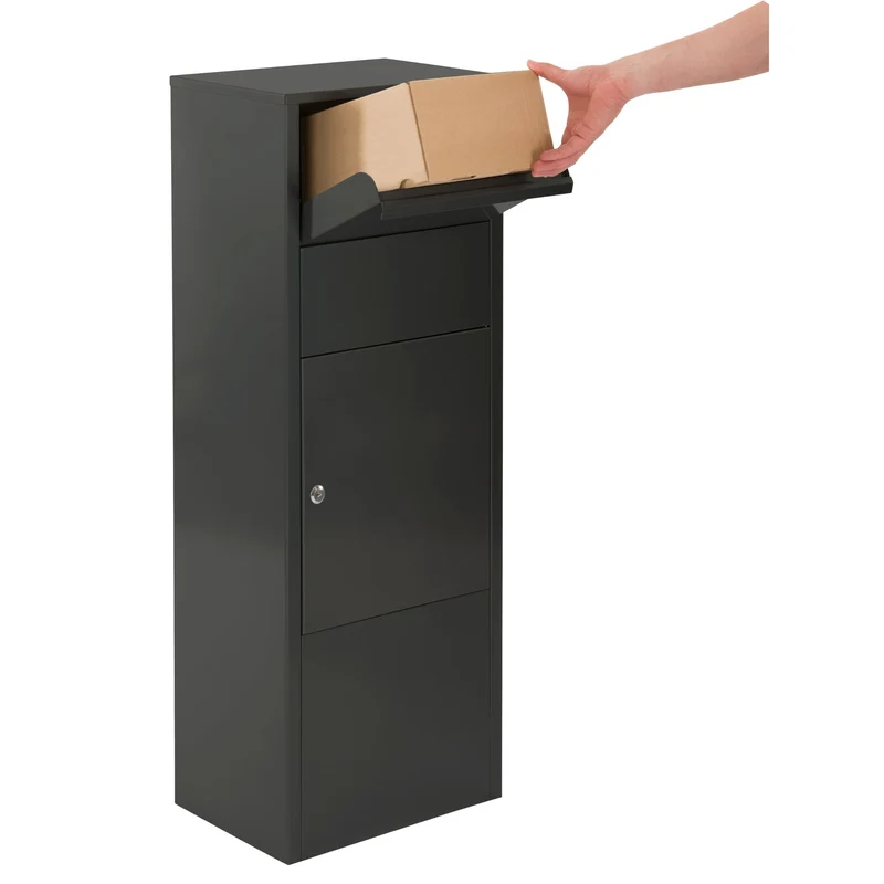 Boîte aux lettres pour paquets – colonne noire – acier laminé – grande ouverture – fixation au sol – serrure à clé