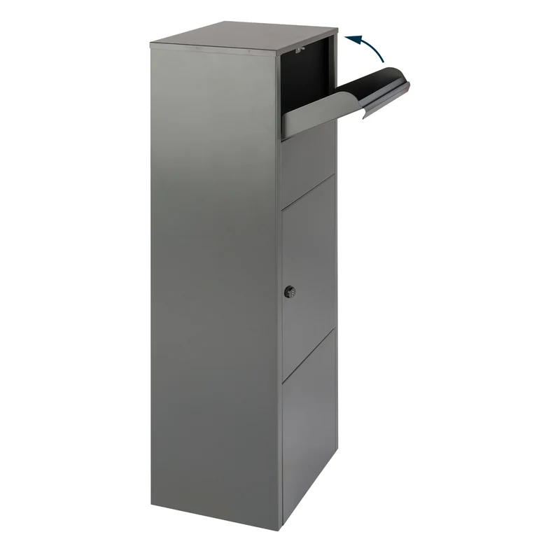Boîte aux lettres pour paquets – colonne gris mat – acier laminé – grande ouverture – fixation au sol – serrure à clé