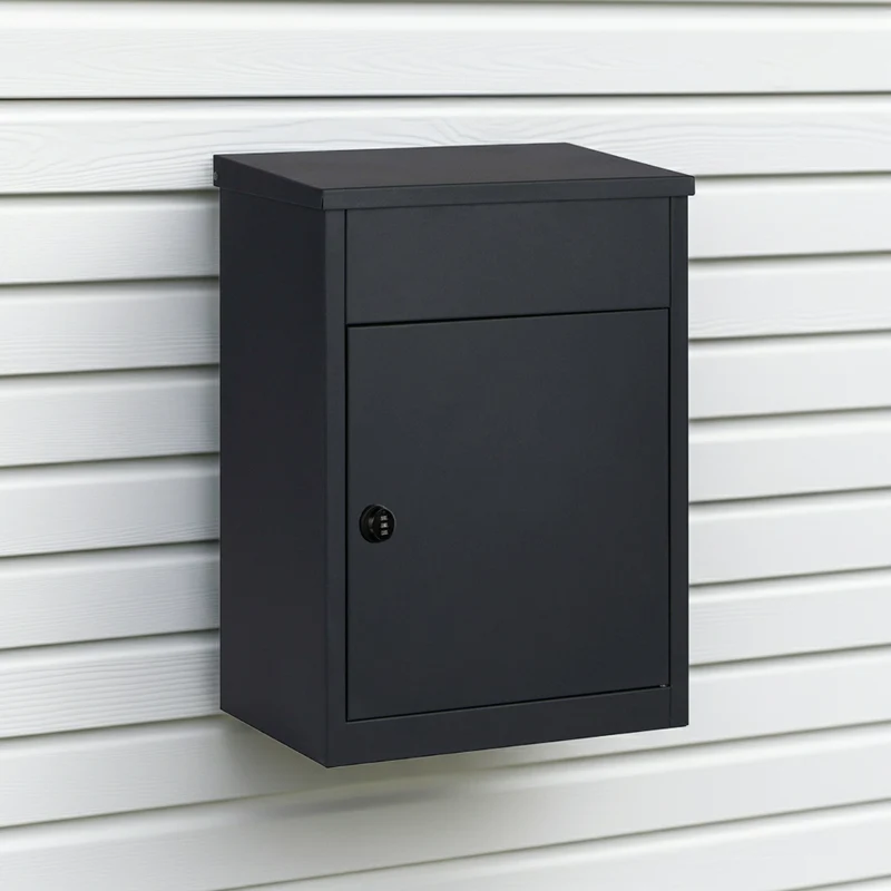 Boîte aux lettres pour paquets noire – acier laminé – grande ouverture – serrure à clé – fixation murale