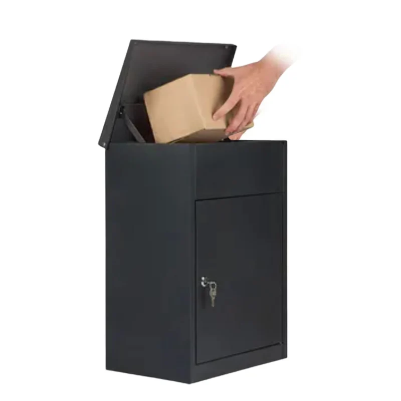 Boîte aux lettres pour paquets noire – acier laminé – grande ouverture – serrure à clé – fixation murale