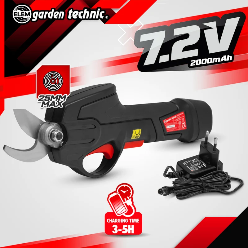 Sécateur rechargeable 7.2V lithium livré avec batterie intégrée et chargeur