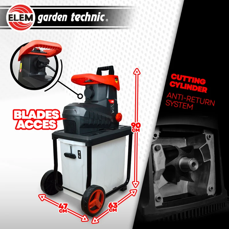 Broyeur de végétaux électrique 2800 W – Cylindre porte-couteaux – Coupe 45 mm – Silencieux avec bac 60 L