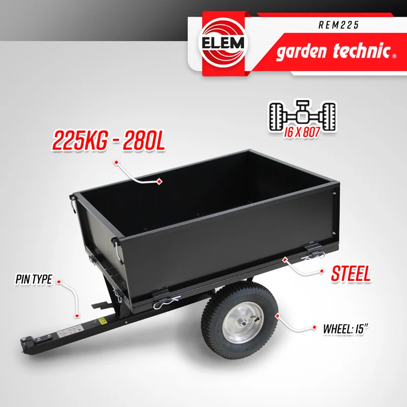 Remorque tracteur tondeuse 225 kg – 280 L, benne basculante, acier robuste