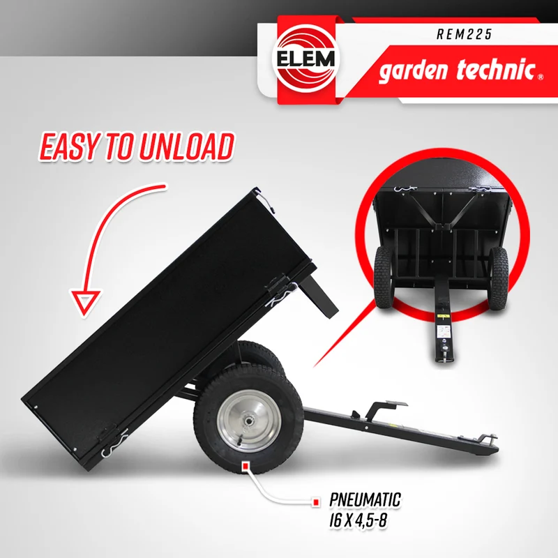 Remorque tracteur tondeuse 225 kg – 280 L, benne basculante, acier robuste