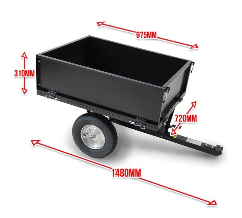 Remorque tracteur tondeuse 225 kg – 280 L, benne basculante, acier robuste