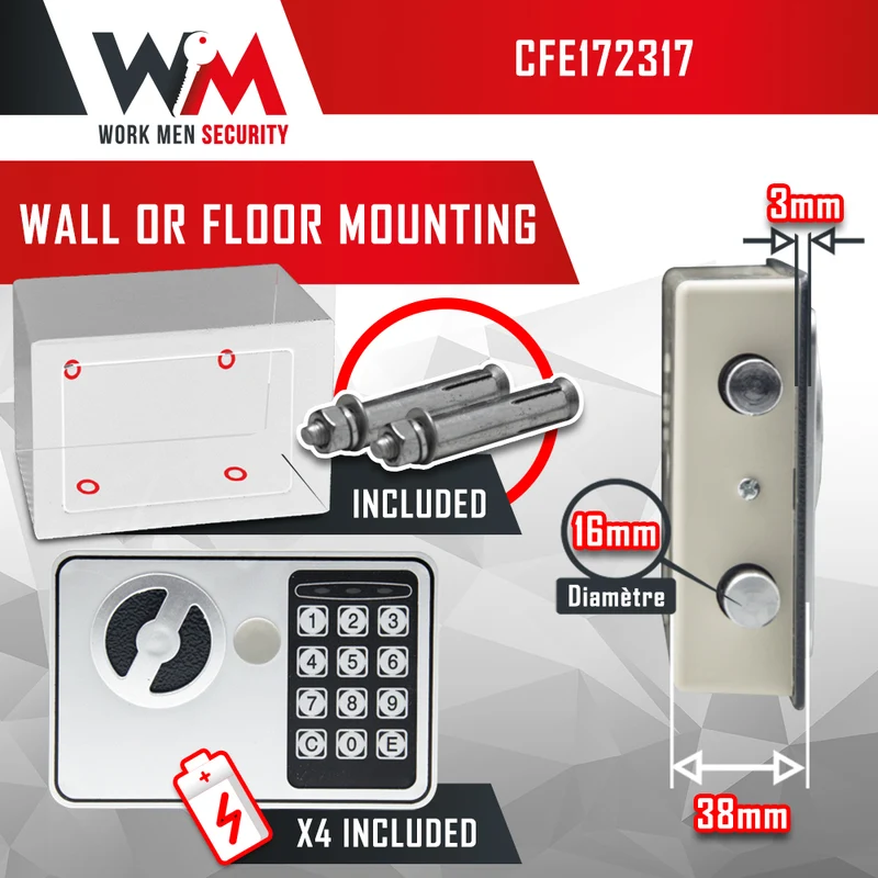 Coffre-fort électronique – 170x230x170 mm – Porte 3 mm – 2 clés de secours