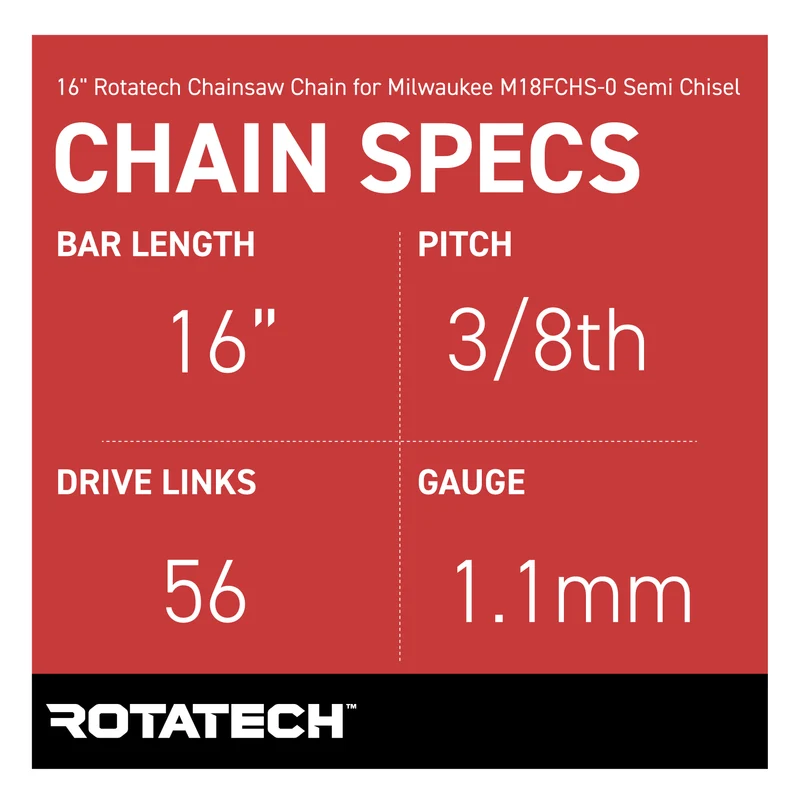 16" Rotatech Chainsaw Chain for Metabo MS 36-18 LTX BL 40 Semi-Chisel