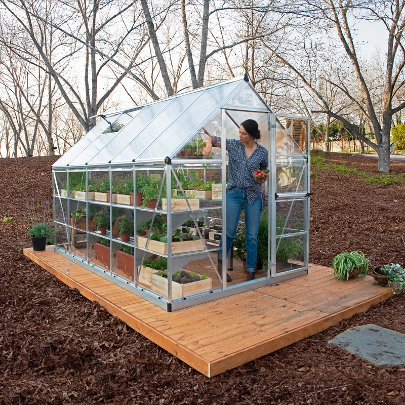 Serre de jardin Hybrid 5,7 m² – argent - polycarbonate double paroi, aluminium, base acier, ventilation, montage facile