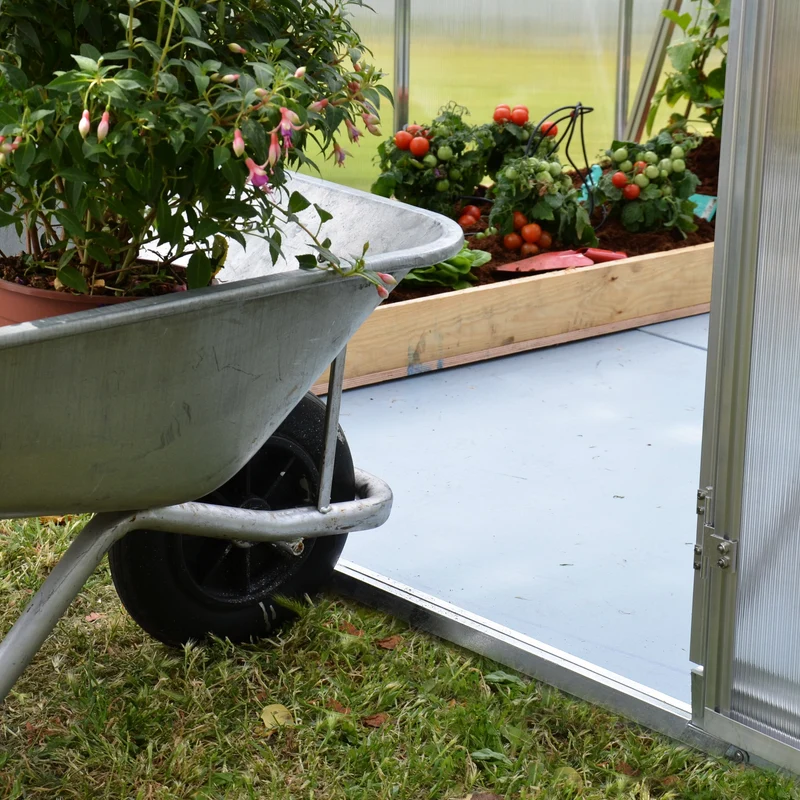 Serre de jardin Hybrid 5,7 m² – argent - polycarbonate double paroi, aluminium, base acier, ventilation, montage facile