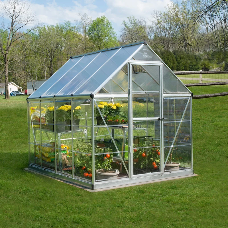 Serre de jardin Hybrid 4,6 m² – argent - polycarbonate double paroi, aluminium, base acier, ventilation, montage facile