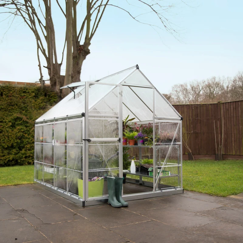 Serre de jardin Hybrid 4,6 m² – argent - polycarbonate double paroi, aluminium, base acier, ventilation, montage facile