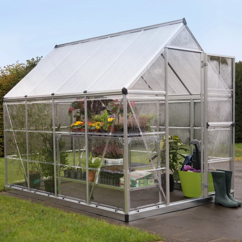 Serre de jardin Hybrid 4,6 m² – argent - polycarbonate double paroi, aluminium, base acier, ventilation, montage facile