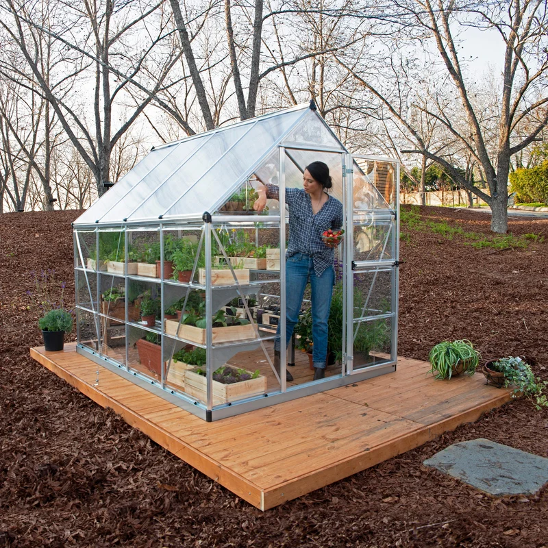 Serre de jardin Hybrid 4,6 m² – argent - polycarbonate double paroi, aluminium, base acier, ventilation, montage facile