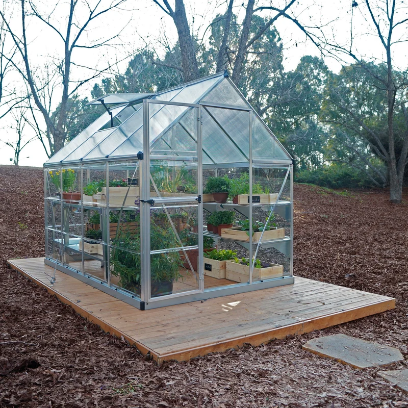 Serre de jardin Hybrid 4,6 m² – argent - polycarbonate double paroi, aluminium, base acier, ventilation, montage facile