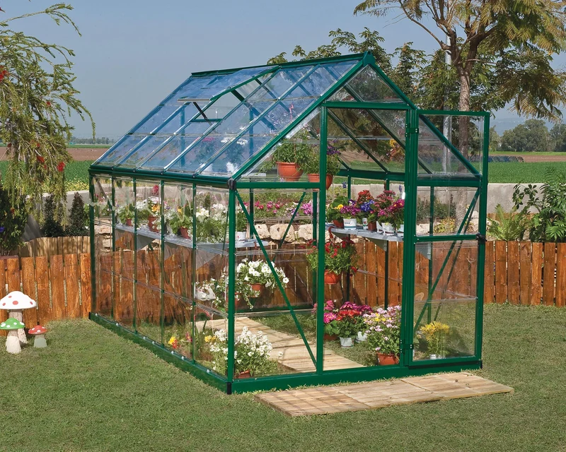 Serre de jardin Harmony 5,7 m² – vert - polycarbonate transparent, aluminium, base acier, ventilation, montage facile