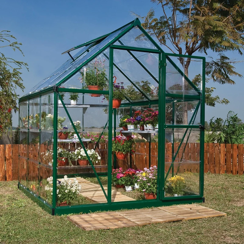 Serre de jardin Harmony 3,4 m² – vert - polycarbonate transparent, aluminium, base acier, ventilation, montage facile