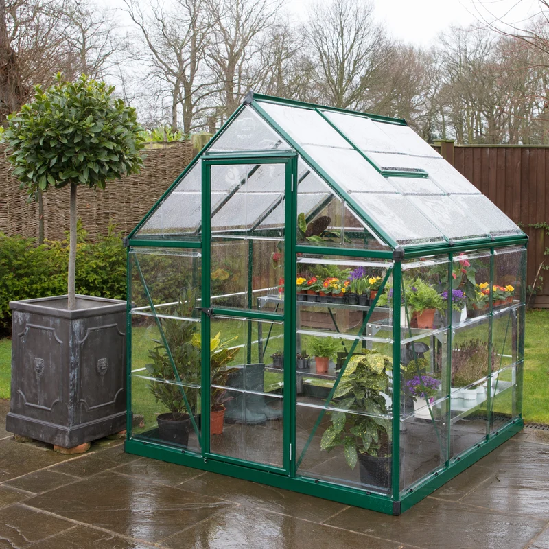 Serre de jardin Harmony 3,4 m² – vert - polycarbonate transparent, aluminium, base acier, ventilation, montage facile