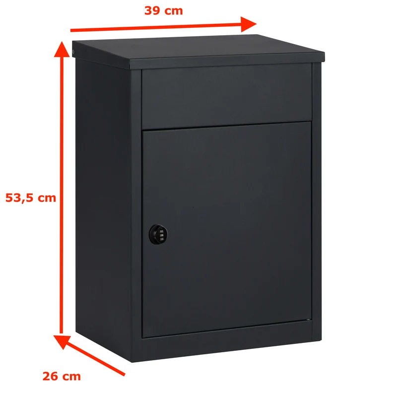 Boîte aux lettres pour paquets – acier laminé – noire – grande ouverture – serrure à code – fixation murale