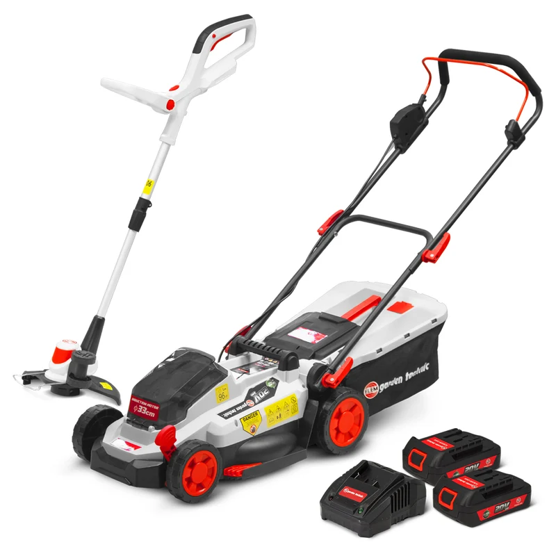 Tondeuse sur batterie 20V + coupe-bordure avec 2 batteries et chargeur rapide