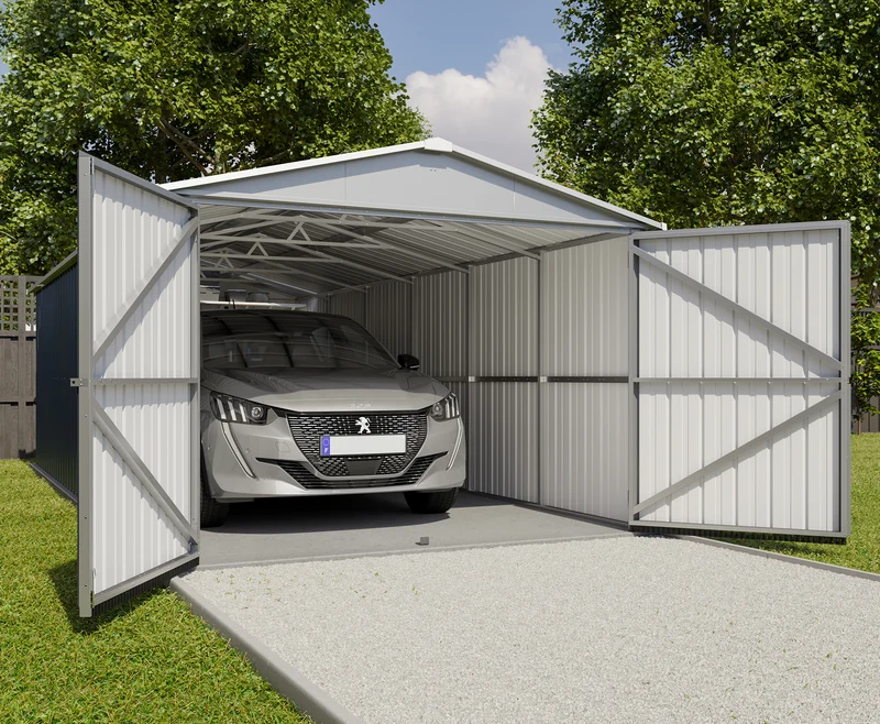Garage en métal 22,63 m² – Double porte 257 cm – Toit translucide – Acier galvanisé – 15 ans garantie