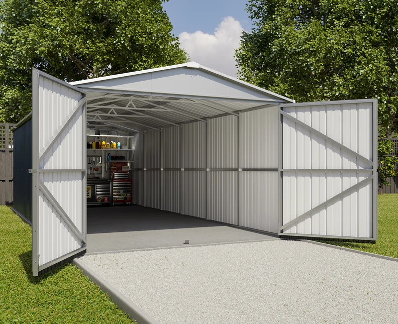 Garage en métal 22,63 m² – Double porte 257 cm – Toit translucide – Acier galvanisé – 15 ans garantie