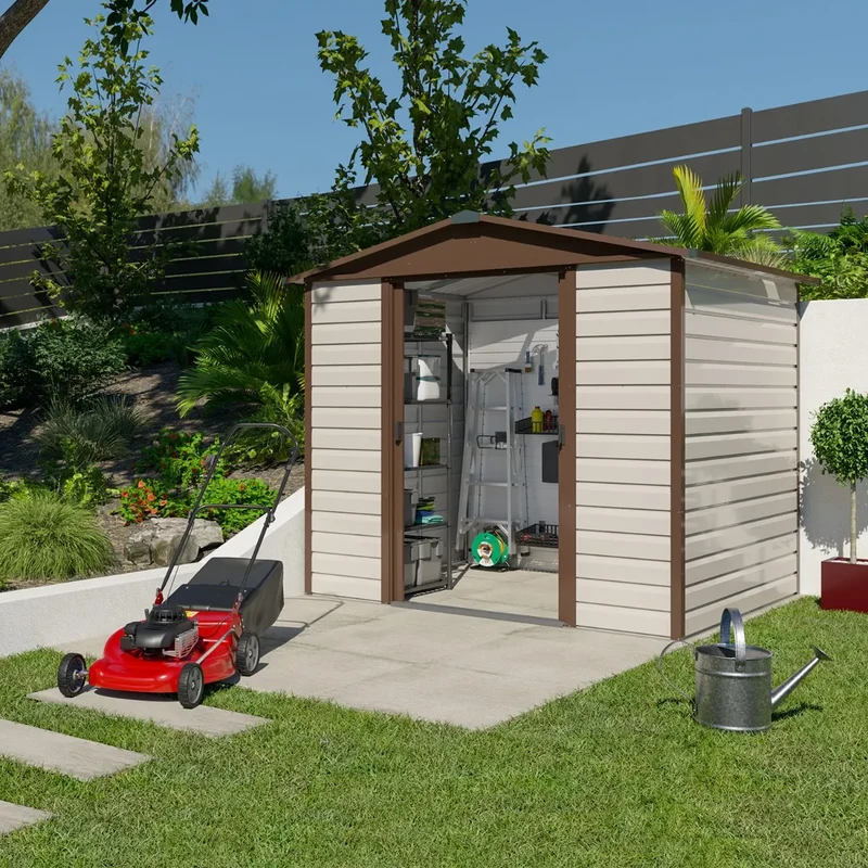 Abri de jardin en métal Stratford - 2,43 x 1,97 x 2,15 m - beige et marron – double-portes coulissantes