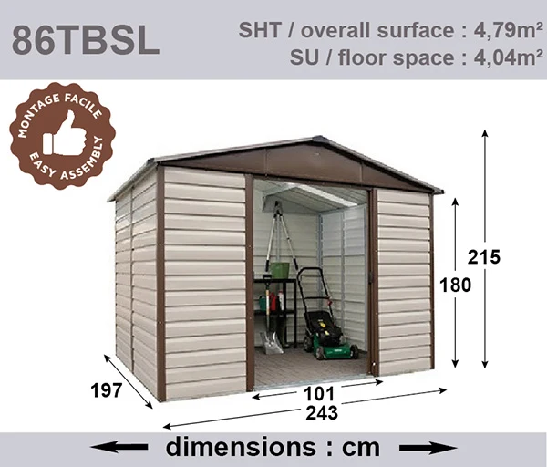Abri de jardin en métal Stratford - 2,43 x 1,97 x 2,15 m - beige et marron – double-portes coulissantes