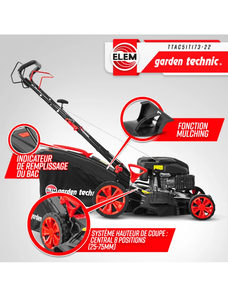 Tondeuse thermique autotractée 173 cc- 508 mm - 8 positions - avec éjection latérale et mulching