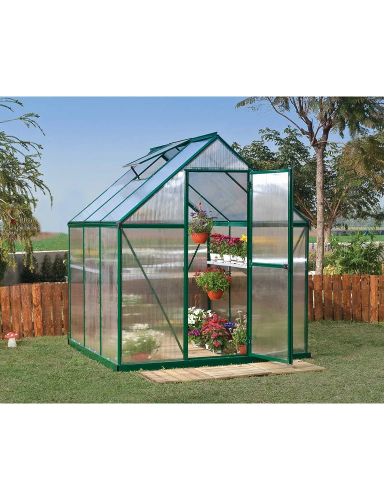 Serre de jardin Mythos 1,85 x 1,85 m verte - aluminium - fenêtre et gouttières