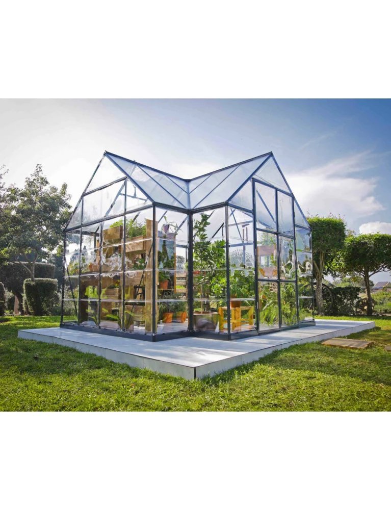 Serre / chalet de jardin Victory Orangery 3,65 x 3,05 m gris - fenêtres et gouttières