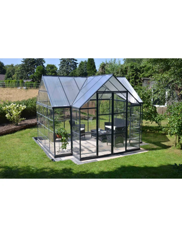 Serre / chalet de jardin Victory Orangery 3,65 x 3,05 m gris - fenêtres et gouttières