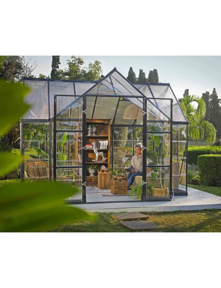 Serre / chalet de jardin Victory Orangery 3,65 x 3,05 m gris - fenêtres et gouttières