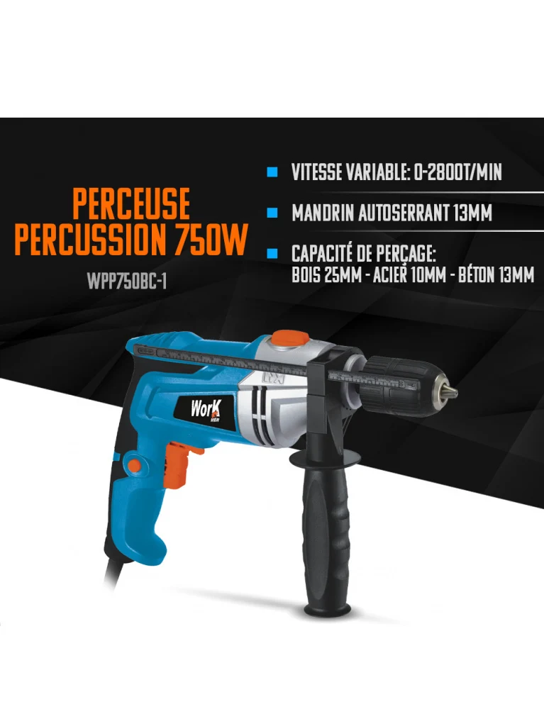 Perceuse à percussion 750W – Mandrin autoserrant 13 mm – Vitesse variable – Bois, métal & béton