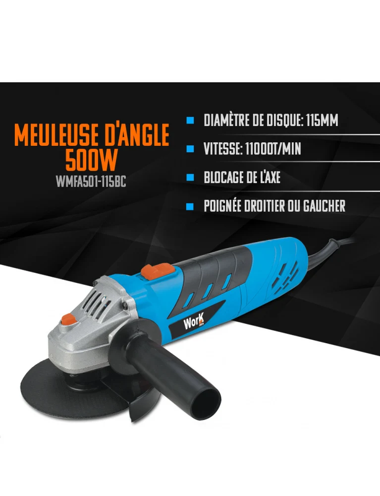 Meuleuse d’angle 115 mm WORKMEN – 500W – 11 000 tr/min – Blocage d’axe – Poignée pour droitier ou gaucher
