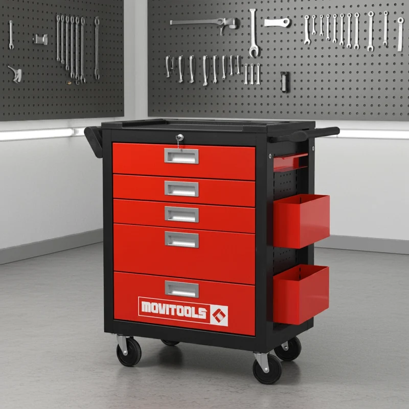 Servante d’atelier Movitools 5 tiroirs – acier renforcé, 150 kg, roulettes avec frein et accessoires inclus