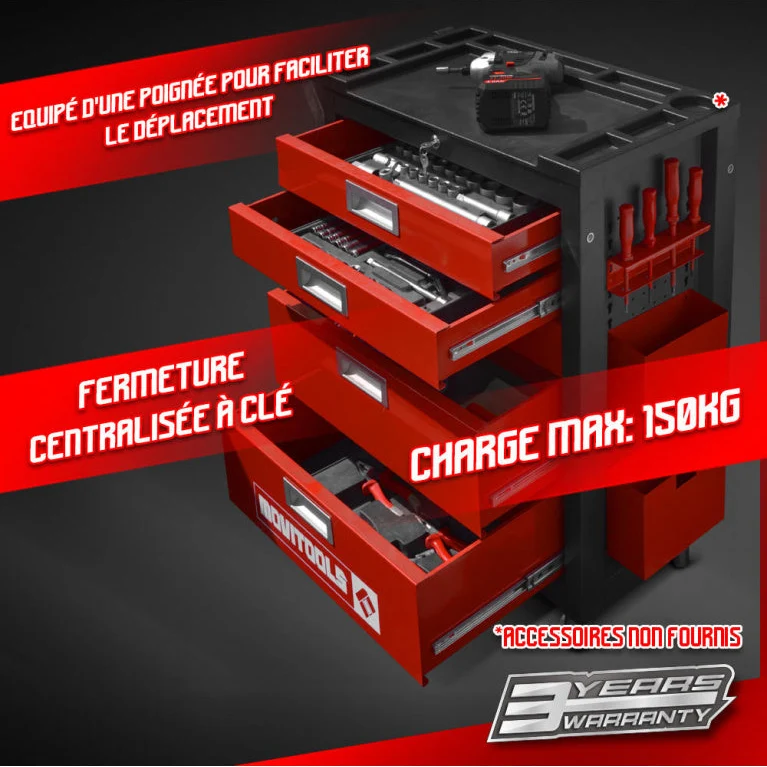 Servante d’atelier Movitools 5 tiroirs – acier renforcé, 150 kg, roulettes avec frein et accessoires inclus