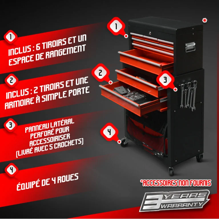 Servante d’atelier métallique 2 parties – 6 tiroirs, armoire, 70 kg, panneau perforé