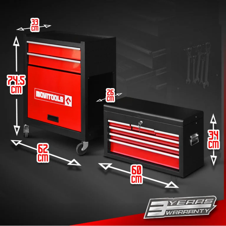 Servante d’atelier métallique 2 parties – 6 tiroirs, armoire, 70 kg, panneau perforé