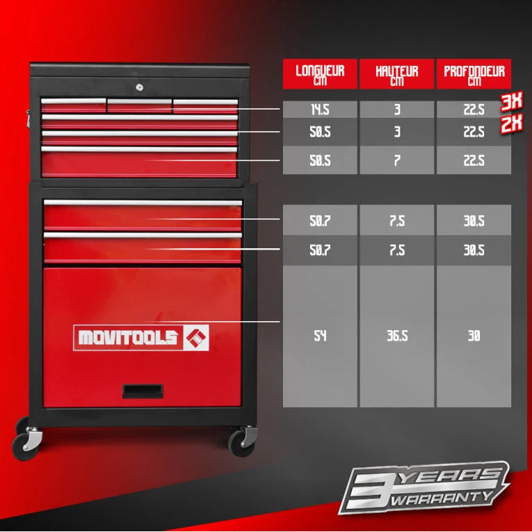 Servante d’atelier métallique 2 parties – 6 tiroirs, armoire, 70 kg, panneau perforé