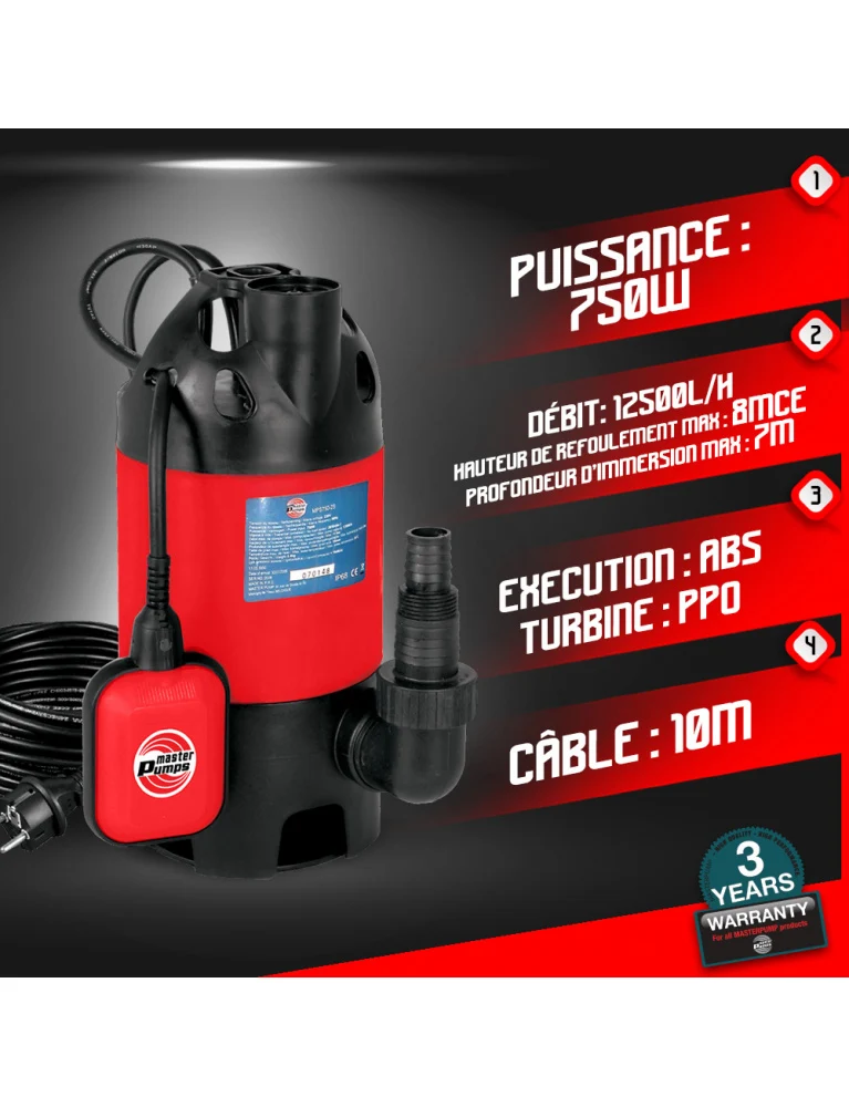 Pompe vide-cave eaux claires 750W avec flotteur - 12500L/h