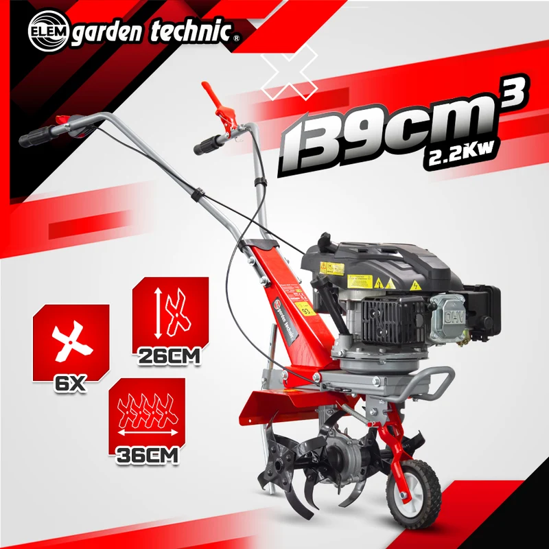 Motoculteur thermique 139 cc- 4 fraises - 36 cm de largeur, profondeur 26 cm