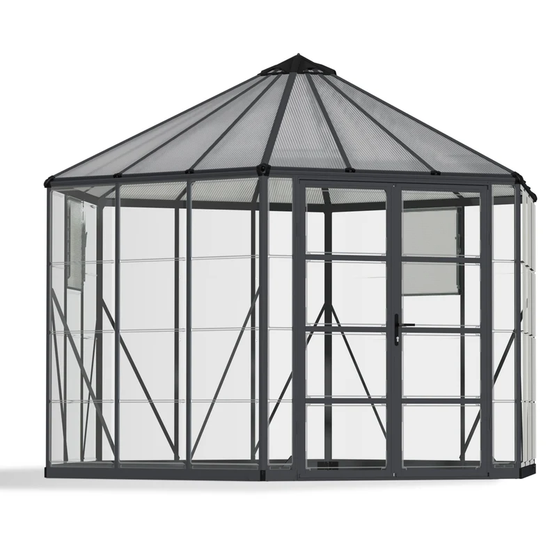 Serre Oasis 11,5 m² – aluminium gris, polycarbonate, base acier, double porte & ventilation
