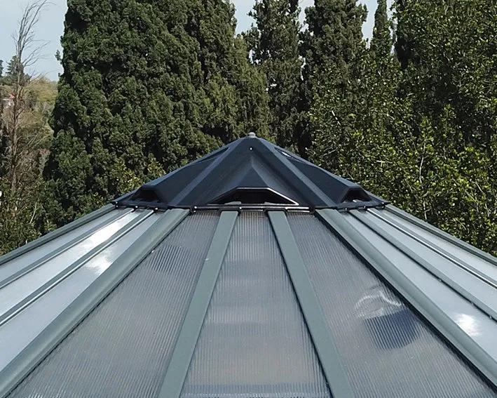 Serre Oasis 11,5 m² – aluminium gris, polycarbonate, base acier, double porte & ventilation