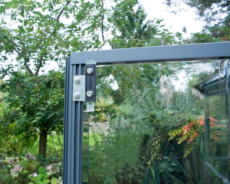 Serre Oasis 11,5 m² – aluminium gris, polycarbonate, base acier, double porte & ventilation