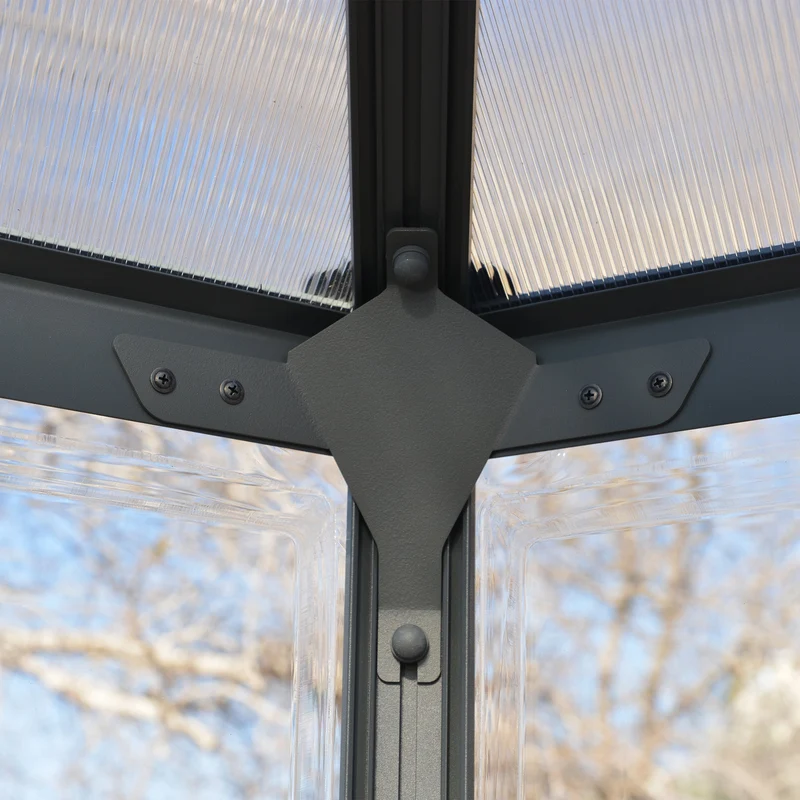 Serre Oasis 11,5 m² – aluminium gris, polycarbonate, base acier, double porte & ventilation