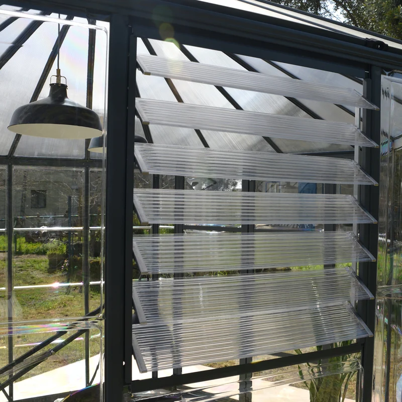 Serre Oasis 11,5 m² – aluminium gris, polycarbonate, base acier, double porte & ventilation